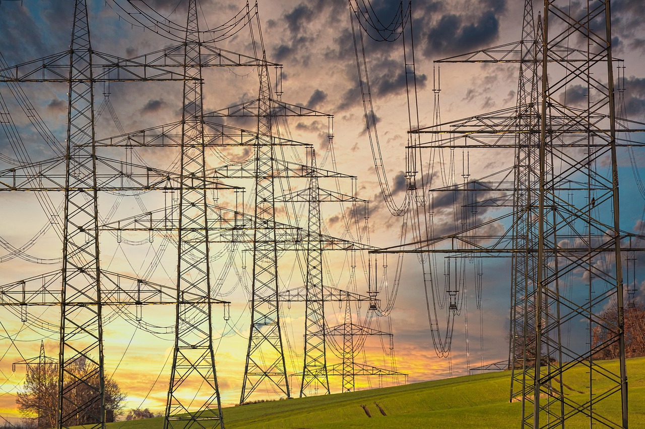 electricity, electricity pylons, power lines, nature, high voltage pylons, high voltage, high voltage line, electric cable, industry, energy, technology, electrics, sunset, multicoloured, clouds, power line, orange, yellow, blue